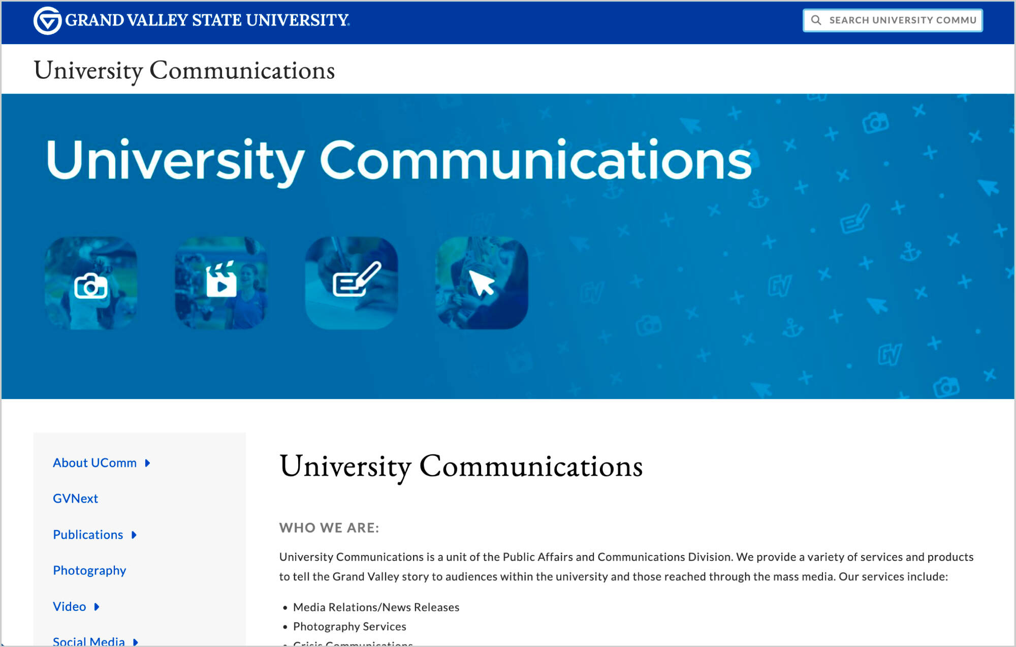 A screenshot of University Communications' website